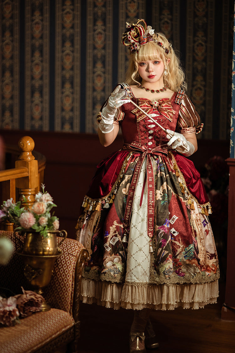 Red [Kaleidoscope of Dreams] Double-Layered Print Embroidery Bowknot Lace-Up Classic Vintage Gorgeous Lolita Dress - Product - 9