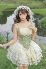 Green Square Collar Sleeveless Multi-Layered Ruffled Bow Lace Fishbone Sweet Lolita Jsk Dress 2 Versions - Product - 18