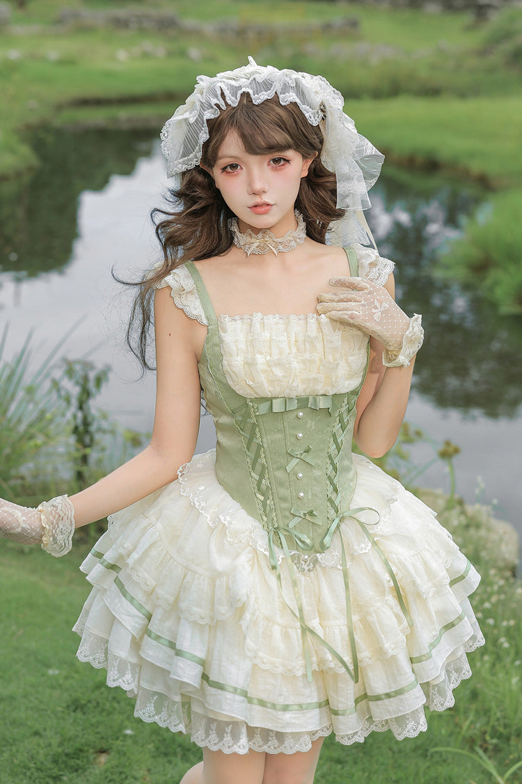 Green Square Collar Sleeveless Multi-Layered Ruffled Bow Lace Fishbone Sweet Lolita Jsk Dress 2 Versions - Product - 18