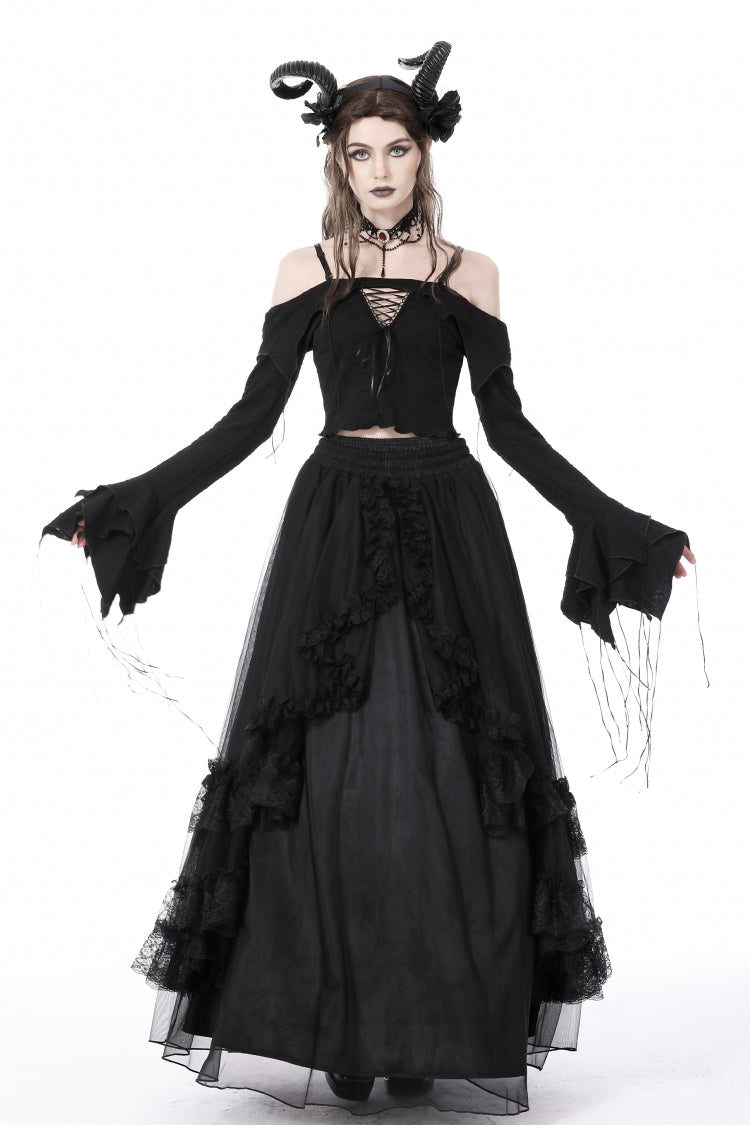Black Off Shoulder Long Trumpet Sleeves Lace-Up Women's Gothic Sexy Crop Top - Product - 8