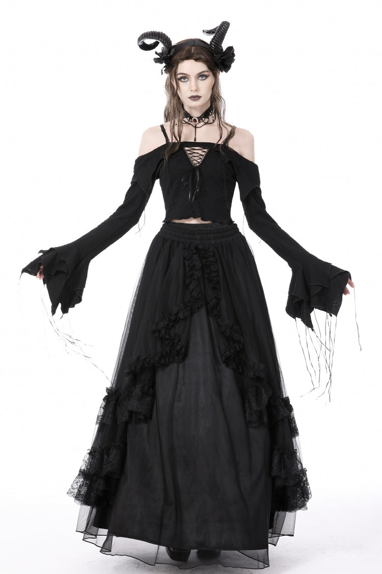 Black Off Shoulder Long Trumpet Sleeves Lace-Up Women's Gothic Sexy Crop Top - Product - 8