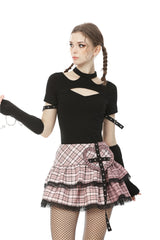 Pink Rock Heart Plaid Double-Layered Ruffled Women's Lolita Mini Skirt with Lace Hem - Product - 5