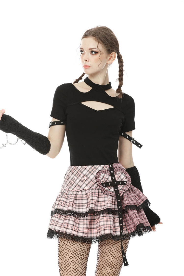 Pink Rock Heart Plaid Double-Layered Ruffled Women's Lolita Mini Skirt with Lace Hem - Product - 5