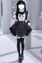 Black Plaid Print Ruffle Lace Jirai Kei Japanese Strap Dress - Product - 5