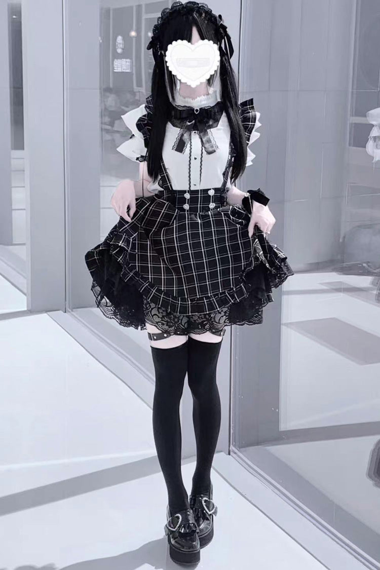 Black Plaid Print Ruffle Lace Jirai Kei Japanese Strap Dress - Product - 5