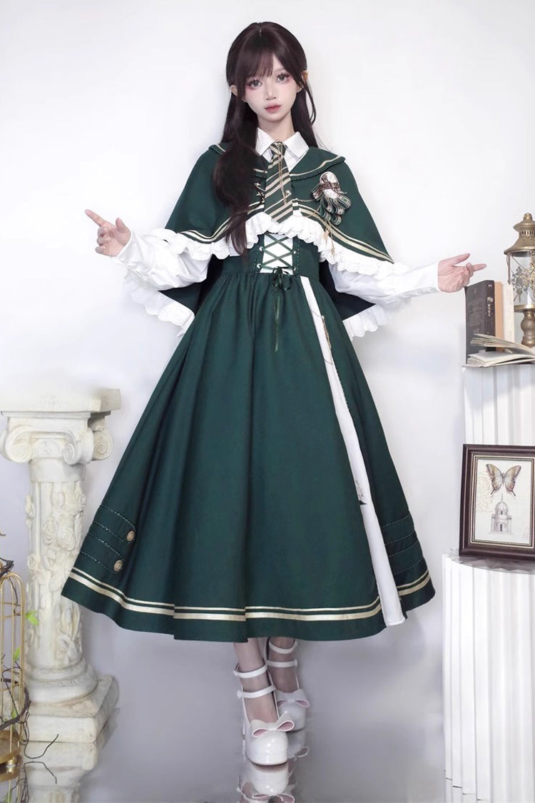 Green Time Traveler Print College Style Sweet Lolita Strap Dress 4 Piece Set - Product - 4