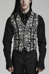 White/Black Contrast Sleeveless Skulls Print Jacquard Hollow Mens Gothic Vest - White/Black - 1