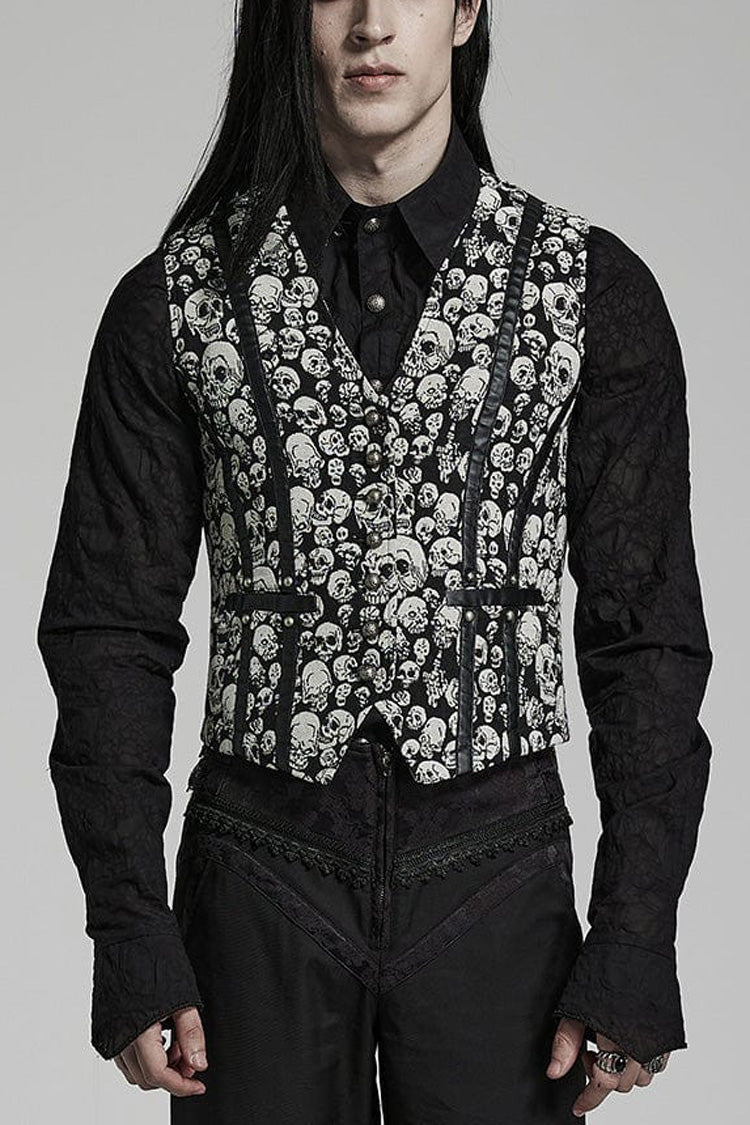 White/Black Contrast Sleeveless Skulls Print Jacquard Hollow Mens Gothic Vest - White/Black - 1