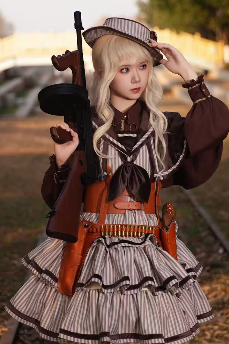 [From Afar] Sleeveless Triple-Layered Stripe Print Bowknot Sweet College Style Lolita Dress 2 Colors - Product - 10