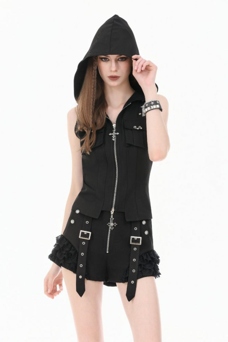 Black Sleeveless Studded Zippered Women's Punk Hooded Vest - Product - 5