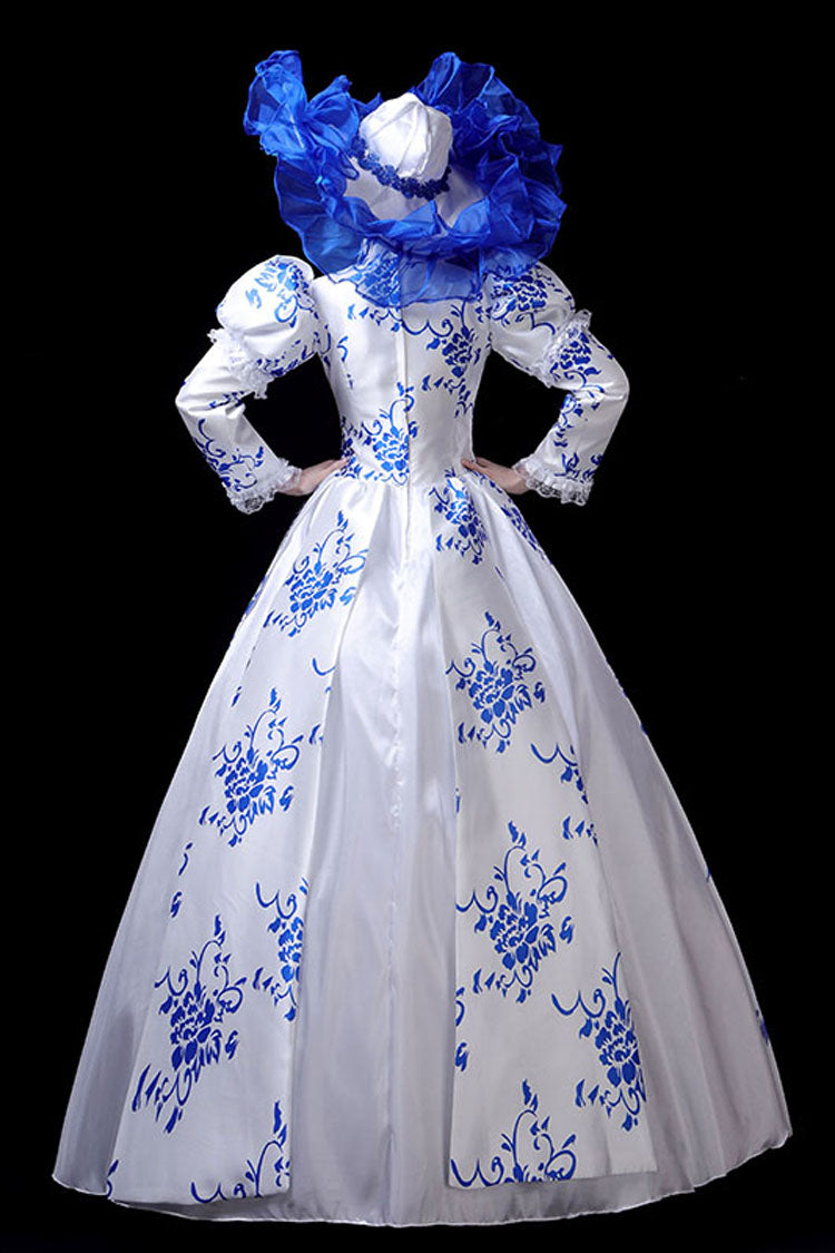 Blue/White Porcelain Printing Stand Collar High Waisted Victorian Lolita Prom Dress - Product - 4