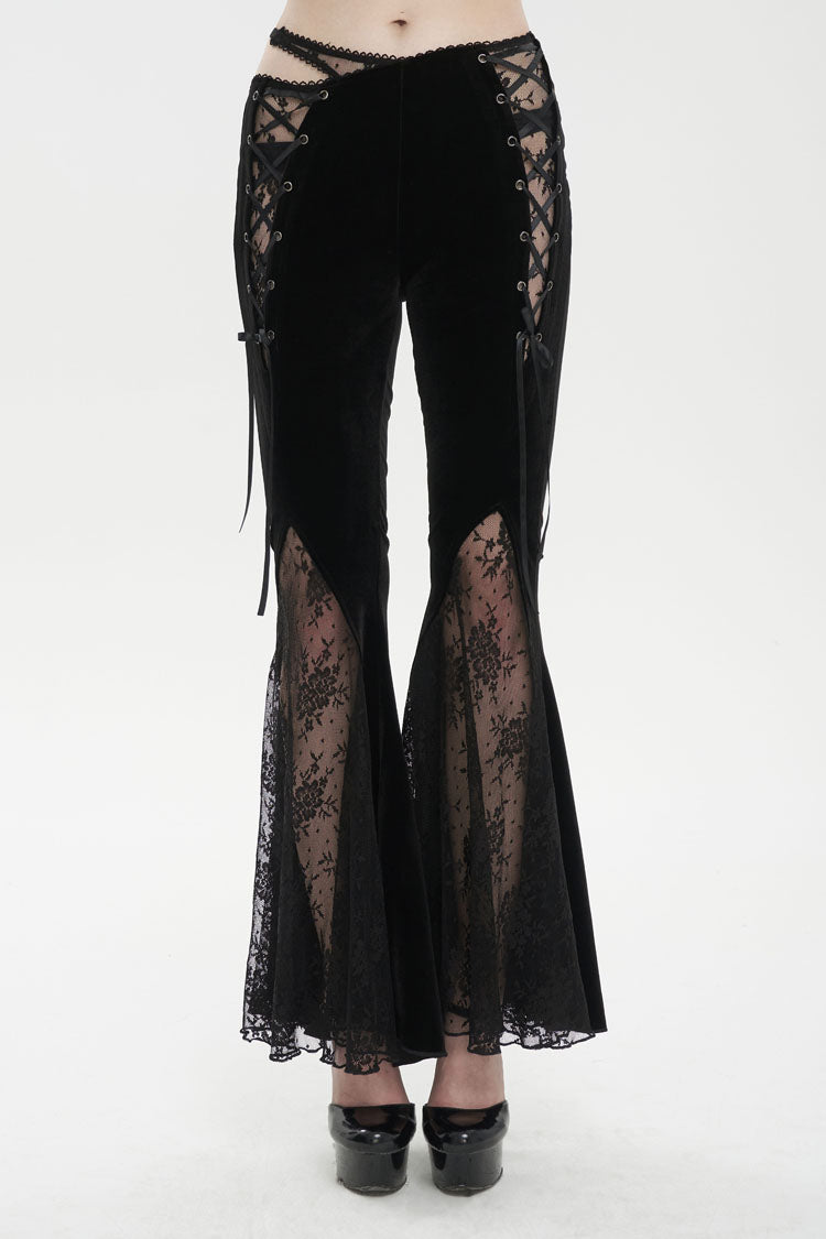 Black Velvet-Paneled Mesh Side-Adjustable Asymmetrical Women's Gothic Leggings - Black - 1