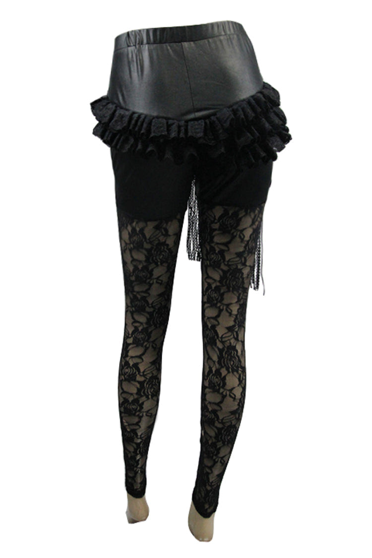 Black Knitted Base Cloth Rose Flower Net Material Asymmetric Lace Hip Transparent Women's Gothic Leggings - Product - 8