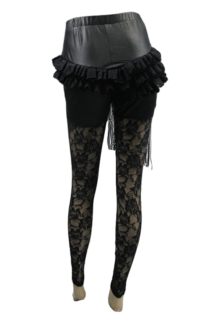 Black Knitted Base Cloth Rose Flower Net Material Asymmetric Lace Hip Transparent Women's Gothic Leggings - Product - 8