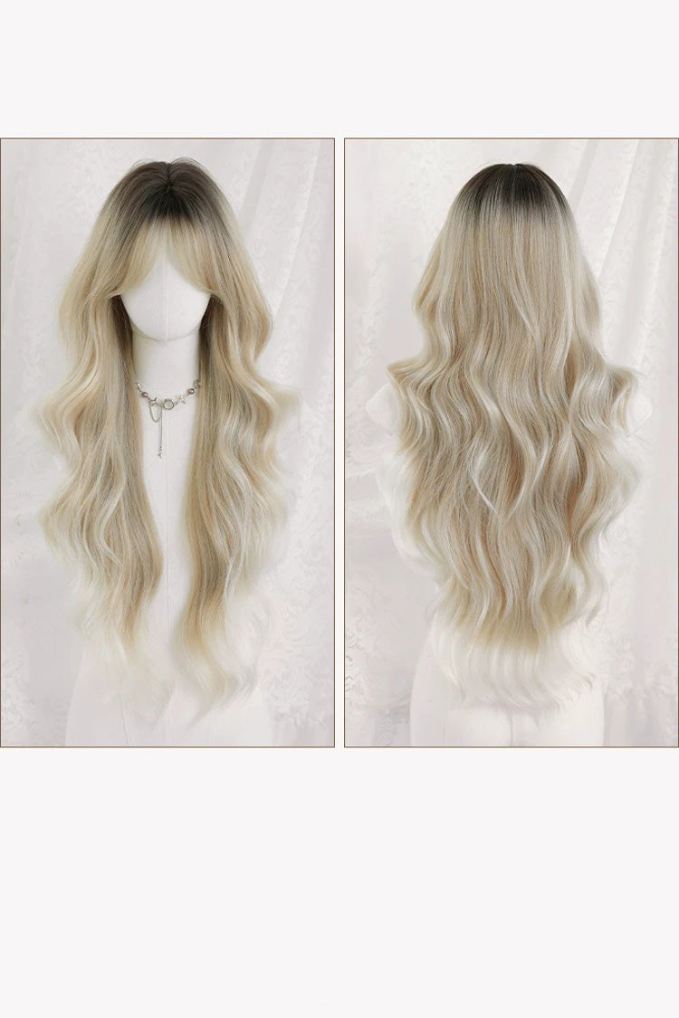 Black/Gold Ombre Sweet Lolita Natural Fluffy Long Big Wavy Wig with Curtain Bangs - Product - 7