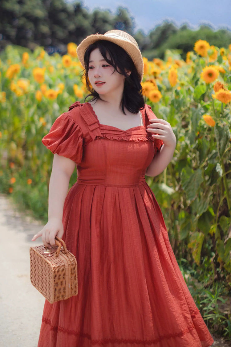 Red [Forest Gallery] Square Collar Short Sleeves Ruffled Bow Classic Vintage Elegant Lolita Dress - Product - 2