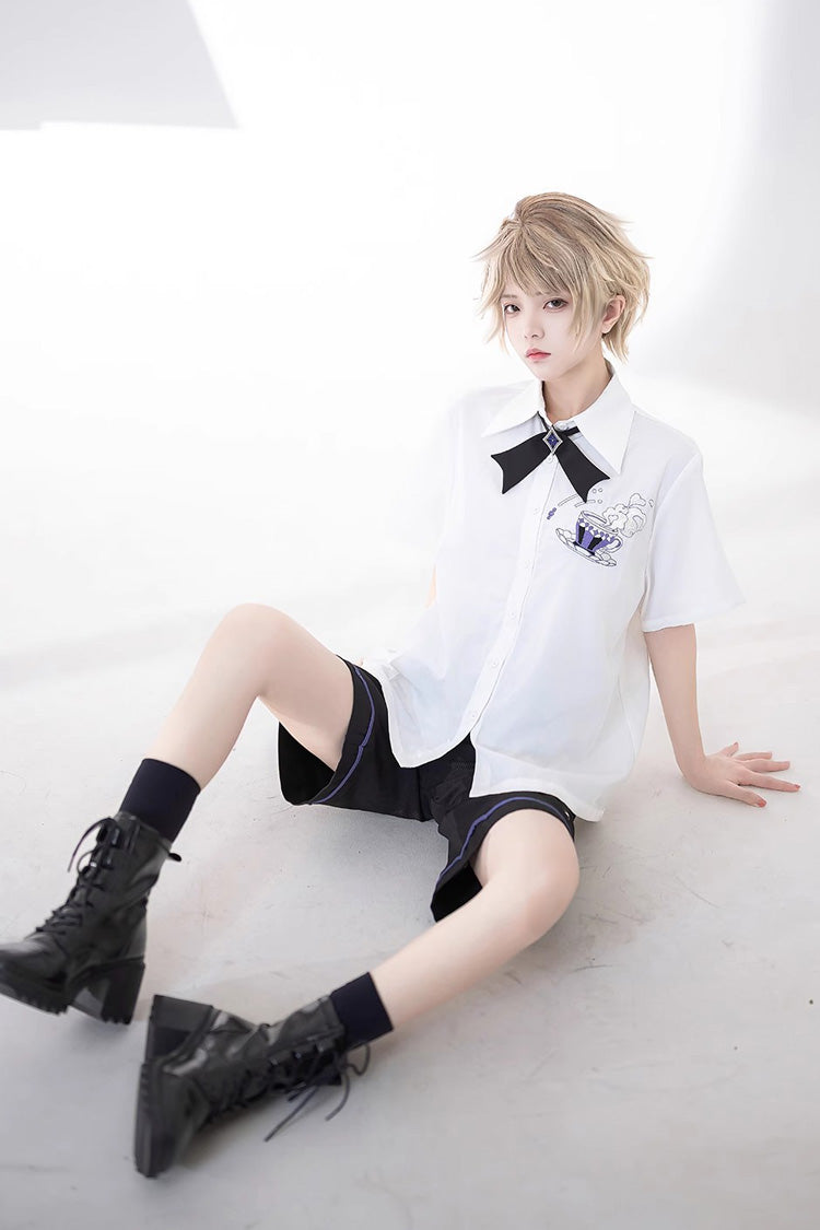 White Enjoy Coffee Print Ouji Fashion Lolita Blouse - Product - 2