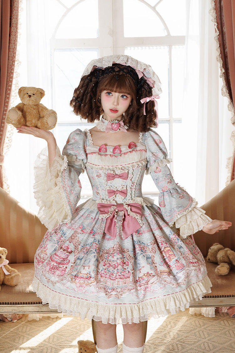 Blue/Pink [Victoria Cake] Square Collar Long Trumpet Sleeves Jacquard Printed Ruffled Bow Lace Sweet Lolita Dress - Product - 9