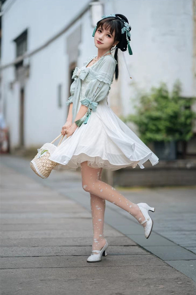 White/Green Half Sleeves Ruffled Bow Sweet Chinese Style Lolita Hanfu Dress - Product - 4