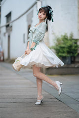 White/Green Half Sleeves Ruffled Bow Sweet Chinese Style Lolita Hanfu Dress - Product - 4
