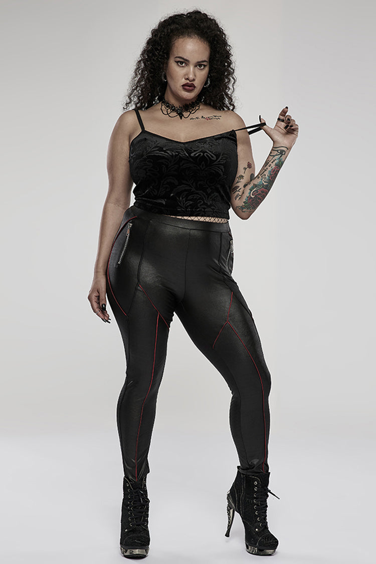 Red/Black Slim Side Zipper Elastic Fashion Hip-Lifting Thin Punk Women's Leggings - Product - 4