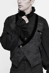 Black Velveteen Asymmetrical Pleated Splice Waist Loop Men's Gothic Waistcoat - Black - 1