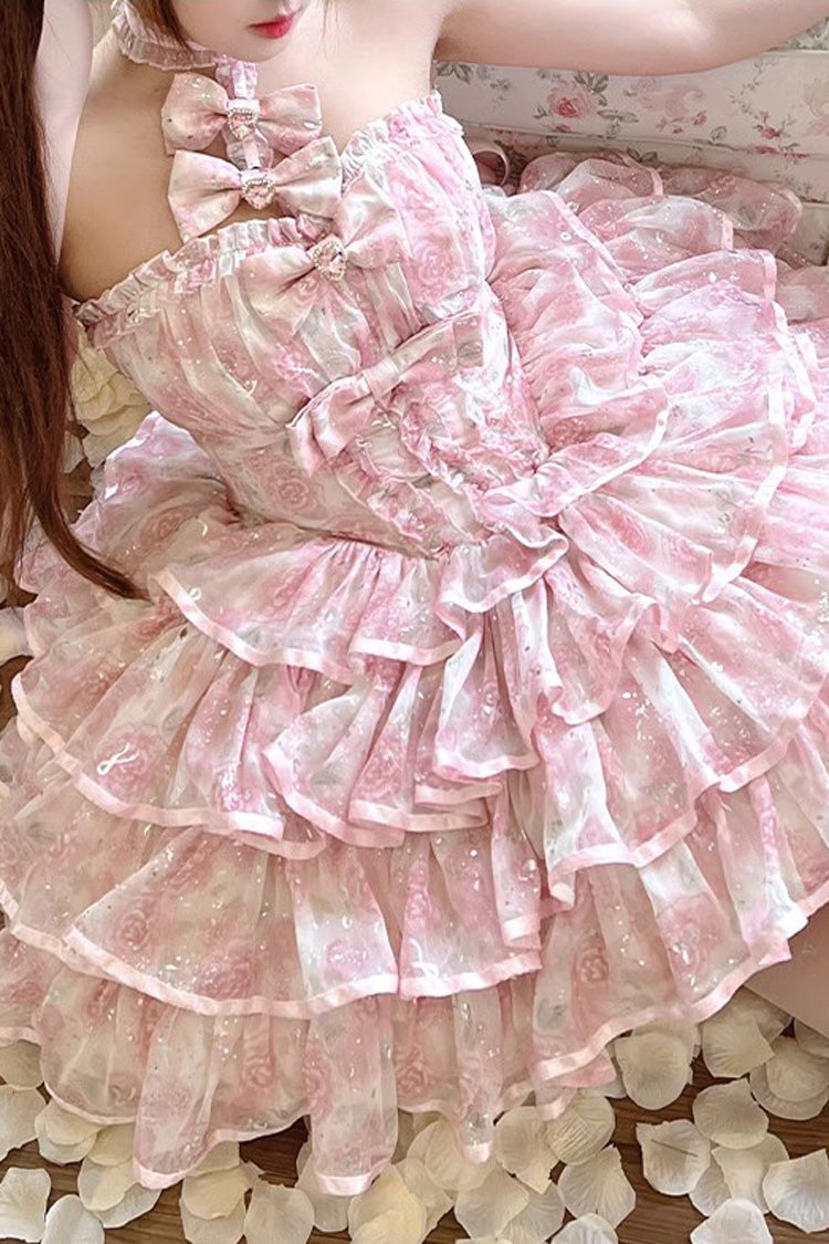 Pink [Broken Silver Rose] Halterneck Sleeveless Multi-Layered Ruffle Bowknot Sweet Princess Lolita Tiered Dress - Product - 8