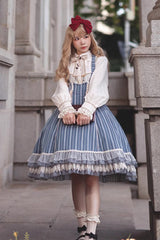 Blue Multi-layer Stripe Print Ruffle Sweet Lolita Jsk Dress - Product - 14