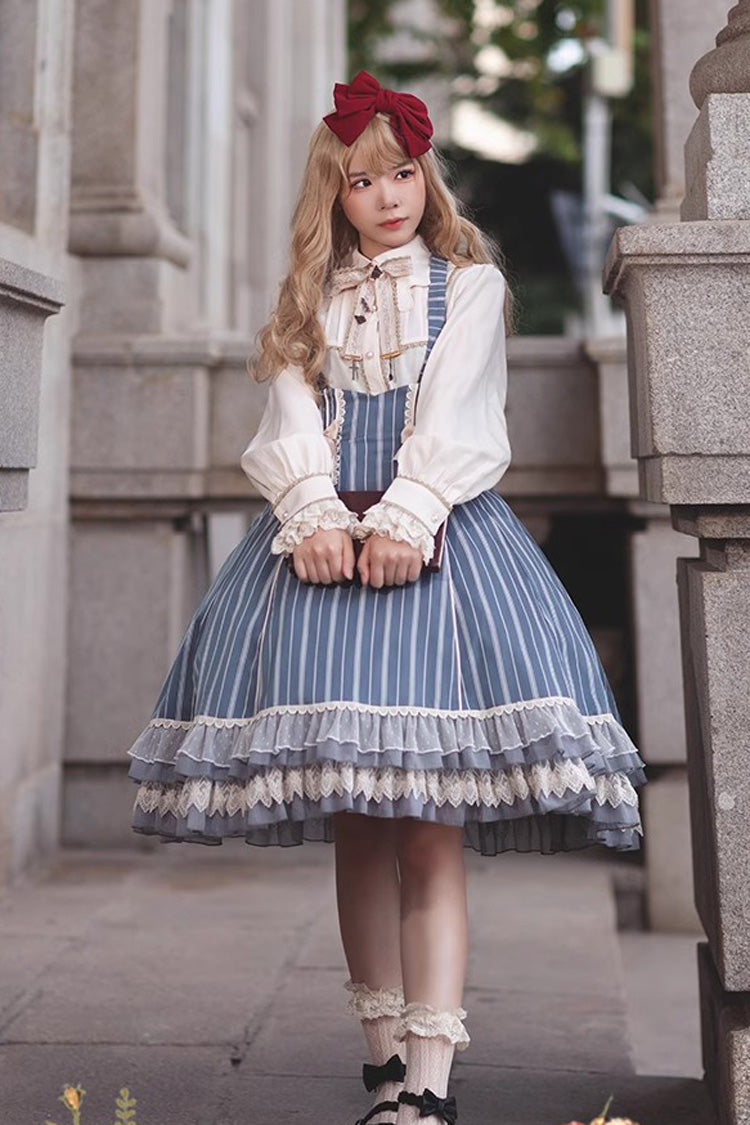 Blue Multi-layer Stripe Print Ruffle Sweet Lolita Jsk Dress - Product - 14