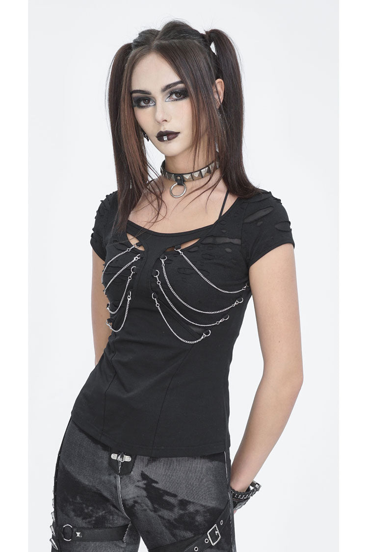 Black Short Sleeves Hollow Ripped Women's Steampunk T-Shirt - Product - 2