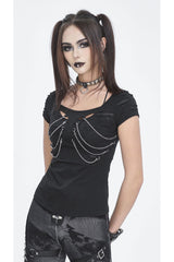 Black Short Sleeves Hollow Ripped Women's Steampunk T-Shirt - Product - 2