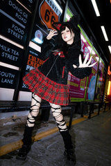 Black/Red [Night Cat] Plaid Print Ruffle Bowknot Hooded Sweet Lolita Skirt Coat - Product - 7