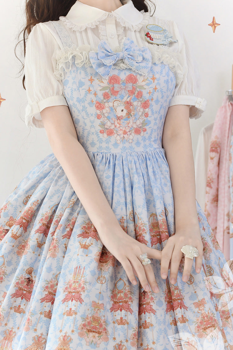 Blue [Rose Garden Rabbit] Print Ruffle Bowknot Sweet Lolita Dress - Product - 7