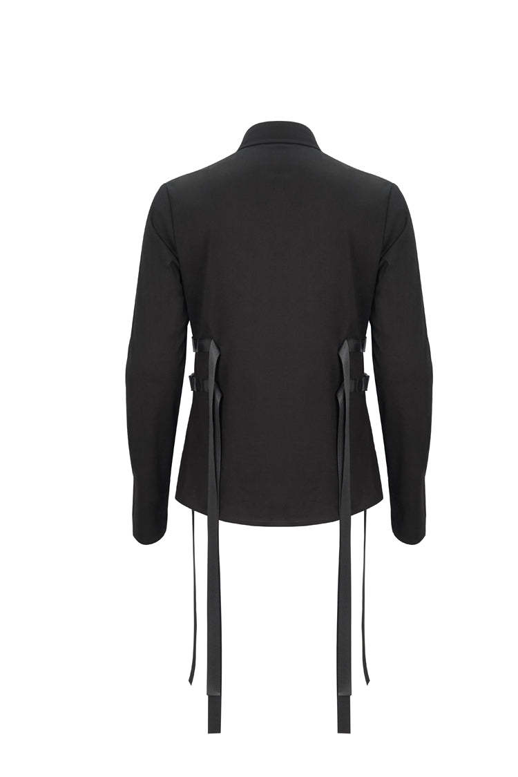Black Nylon Strap Metal Buckle Decoration Long Sleeve Elasticity Men's Punk Shirt - Product - 9