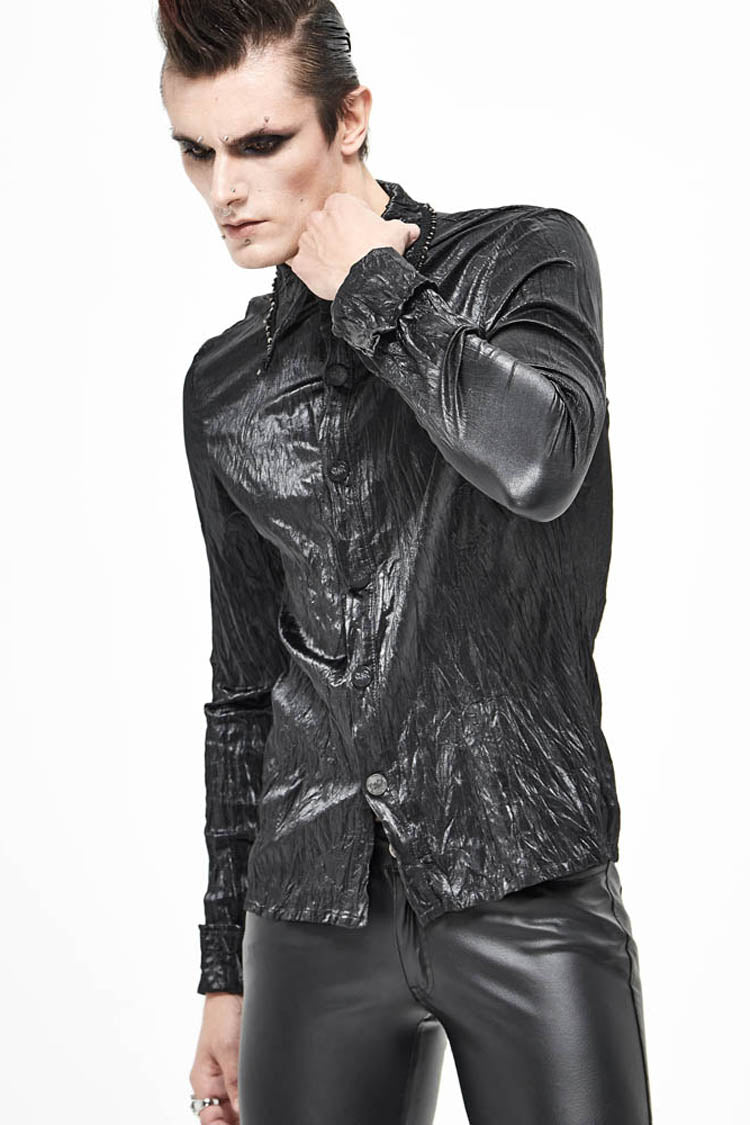 Black Twill Fold Collar Sharp Corner Cuff Light Metal Ring Webbing Men's Punk Shirt - Product - 4