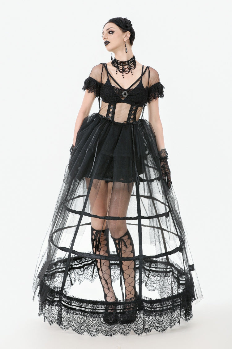 Black V Collar Short Sleeves Multi-Layered Sheer Mesh Women's Gothic Dress - Product - 6