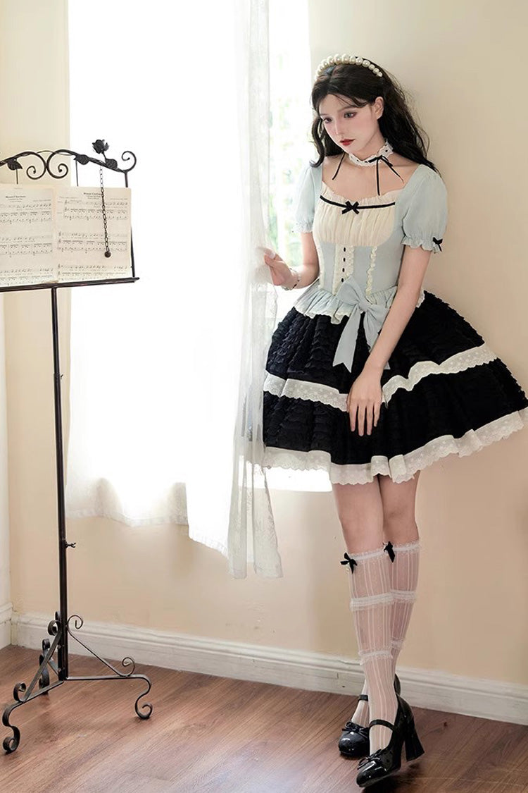 Black/Blue Mint Dark Chocolate Fake Two-piece Square Collar Ruffle Bowknot Sweet Lolita Dress - Product - 5
