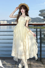 Apricot [Moonlight Beach] Square Collar Short Sleeves Ruffle Sweet Lolita Dress - Apricot - 1