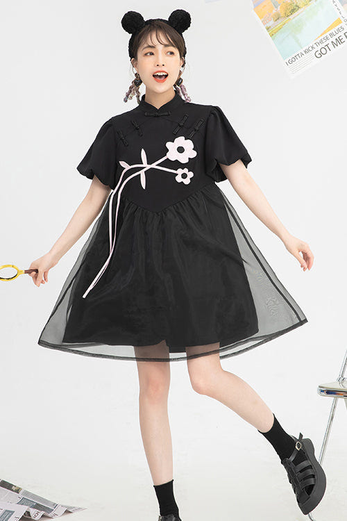 Black Stand Collar Lantern Short Sleeves Floral Print Organza Panel Sweet Lolita Dress - Product - 2