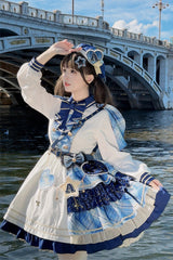 White/Blue [Starlight Academy Style] Long Sleeves Printed Ruffled Spliced Asymmetric Faux Two-Piece Sweet Lolita Dress - Product - 9