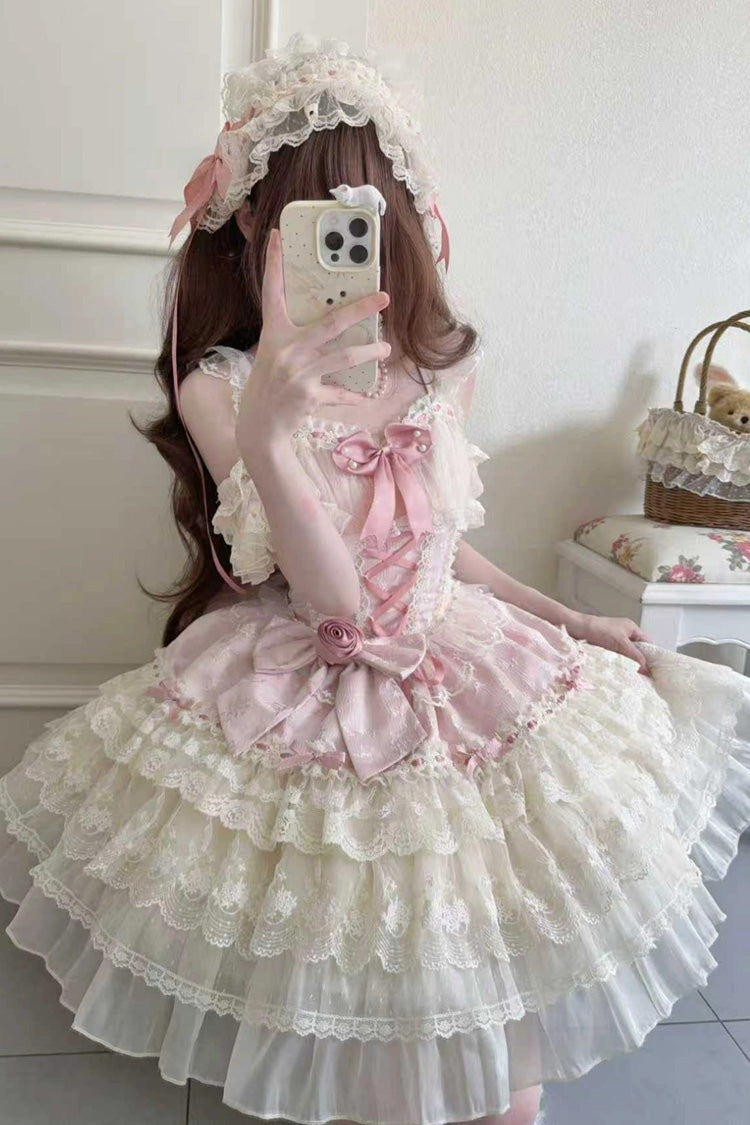 Pink [Rose Canticle] Sleeveless Multi-Layered Bowknot Lace Lace-Up Pearl Ballet Sweet Lolita Jsk Dress - Product - 4