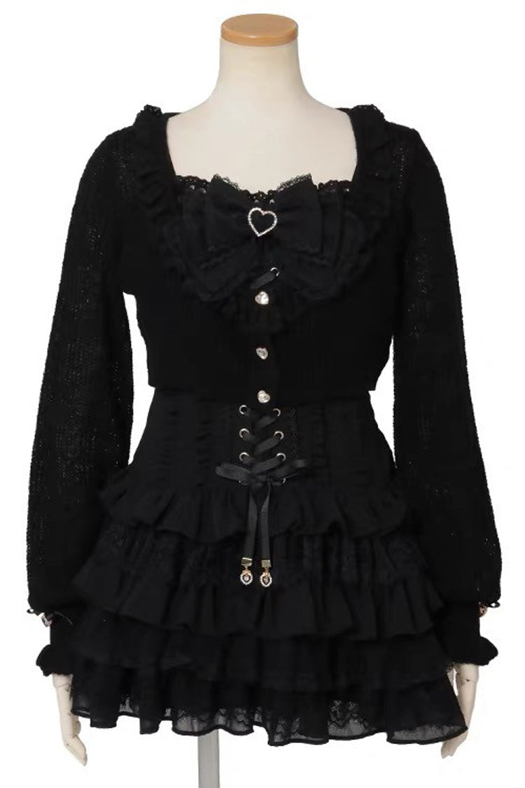 Jirai Kei Long Sleeves Multi-Layered Printed Ruffled Bow Sweet Dress 3 Colors - Black - 1