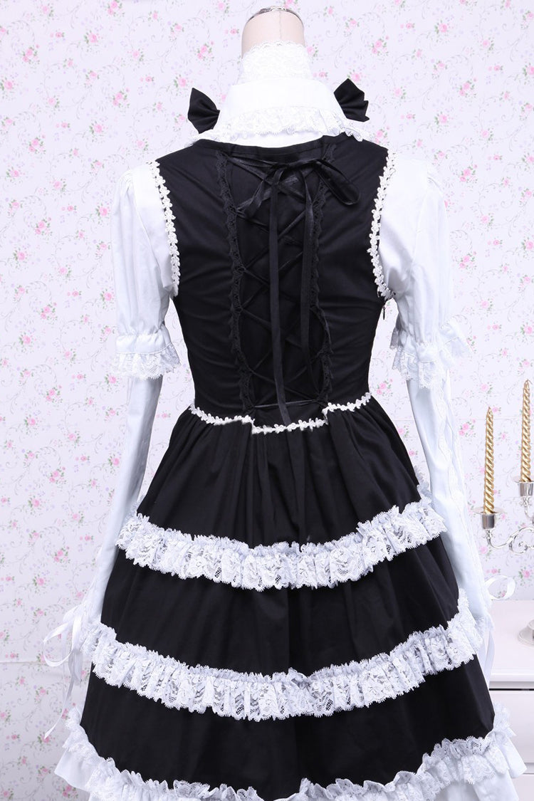 Black/White Cotton Long Sleeves Lace Trim Bowknot Gothic Lolita Dress - Product - 3