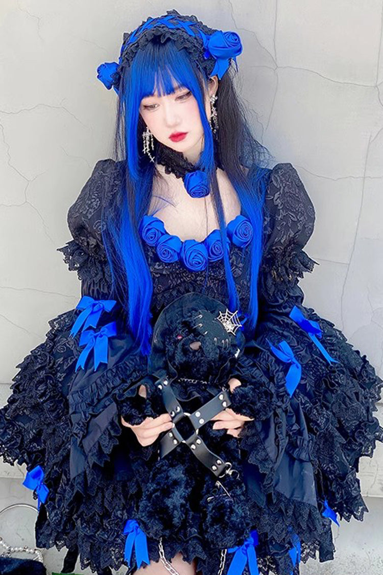 Black/Blue Puff Short Sleeves Princess Gothic Lolita Tiered Dress - Product - 8
