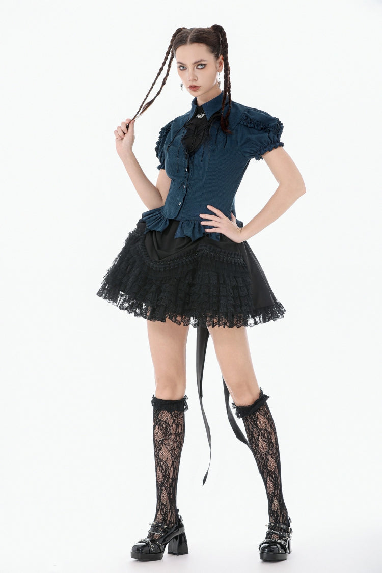 Blue Pinstripe Point Collar Short Puff Sleeves Women's Gothic Blouse with Detachable Bat Bow Tie - Product - 8