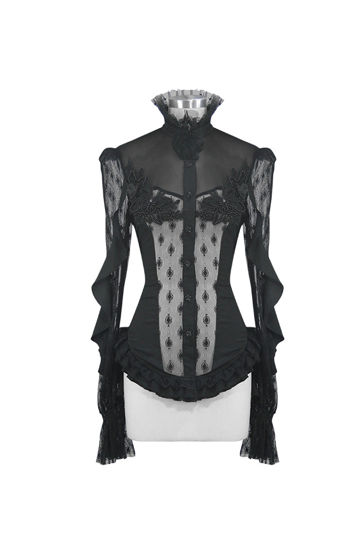 Black Chiffon High Collar Front Chest Beaded Flowers Lace Cuff Back Waist Lace Up Women's Gothic Blouse - Product - 6