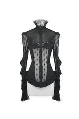 Black Chiffon High Collar Front Chest Beaded Flowers Lace Cuff Back Waist Lace Up Women's Gothic Blouse - Product - 6