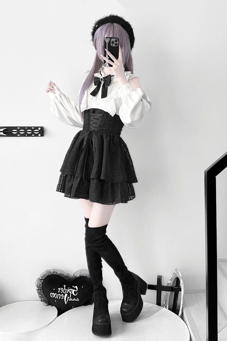 Black [Blackberry Rite] Lace Bowknot Lace-Up Jirai Kei Skirt - Product - 2