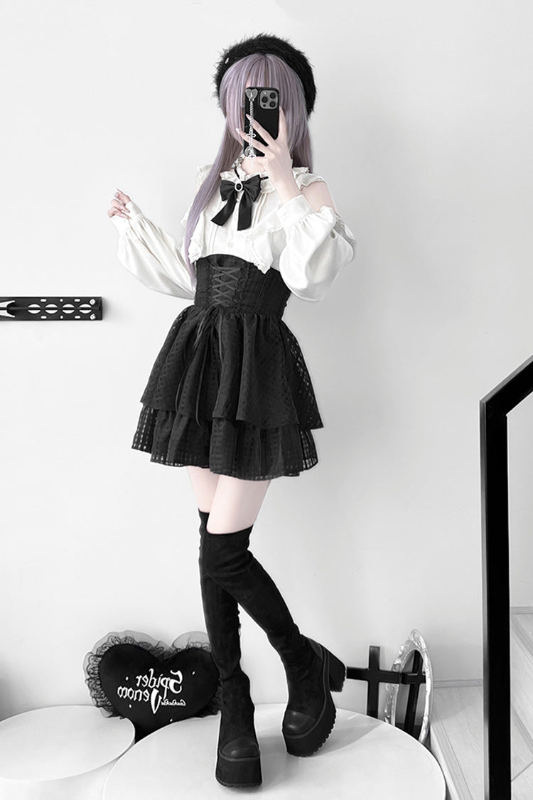 Black [Blackberry Rite] Lace Bowknot Lace-Up Jirai Kei Skirt - Product - 2