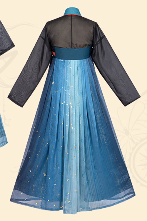 Black/Blue Hot Stamping Embroidered Ancient Flowy Classic Hanfu Dress Full Set - Product - 7